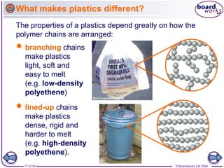 17 of 43 © Boardworks Ltd 2006
 lined-up chains
make plastics
dense, rigid and
harder to melt
(e.g. high-density
polyethene).
The properties of a plastics depend greatly on how the
polymer chains are arranged:
 branching chains
make plastics
light, soft and
easy to melt
(e.g. low-density
polyethene)
What makes plastics different?
 