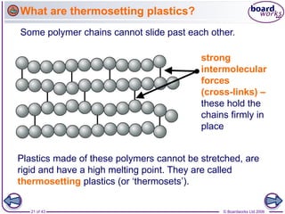 21 of 43 © Boardworks Ltd 2006
Plastics made of these polymers cannot be stretched, are
rigid and have a high melting point. They are called
thermosetting plastics (or ‘thermosets’).
strong
intermolecular
forces
(cross-links) –
these hold the
chains firmly in
place
Some polymer chains cannot slide past each other.
What are thermosetting plastics?
 