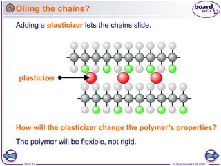24 of 43 © Boardworks Ltd 2006
Adding a plasticizer lets the chains slide.
Oiling the chains?
plasticizer
How will the plasticizer change the polymer’s properties?
The polymer will be flexible, not rigid.
 