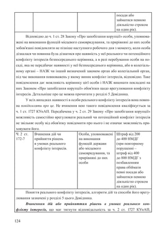 124
посади або
займатися певною
діяльністю строком
на один рік).
Відповідно до ч. 1 ст. 28 Закону «Про запобігання корупції» особи, уповнова-
жені на виконання функцій місцевого самоврядування, та прирівняні до них особи
зобов’язані повідомляти не пізніше наступного робочого дня з моменту, коли особа
дізналася чи повинна була дізнатися про наявність у неї реального чи потенційного
конфлікту інтересів безпосереднього керівника, а в разі перебування особи на по-
саді, яка не передбачає наявності у неї безпосереднього керівника, або в колегіаль-
ному органі – НАЗК чи інший визначений законом орган або колегіальний орган,
під час виконання повноважень у якому виник конфлікт інтересів, відповідно. Таке
повідомлення дає можливість керівнику цієї особи і НАЗК виконати покладені на
них Законом «Про запобігання корупції» обов’язки щодо врегулювання конфлікту
інтересів. Детальніше про це можна прочитати у розділі 5 Довідника.
У всіх випадках наявності в особи реального конфлікту інтересів вона повин-
на повідомляти про це. Не вчинення нею такого повідомлення кваліфікується за
ч. 1 ст. 172­
7 КУпАП. Передбачена у ч. 2 ст. 29 Закону «Про запобігання корупції»
можливість самостійно врегулювати реальний чи потенційний конфлікт інтересів
не звільняє особу від обов’язку повідомити про нього і не означає можливість при-
ховувати його.
Ч. 2 ст.
172-7
Вчинення дій чи
прийняття рішень
в умовах реального
конфлікту інтересів.
Особи, уповноважені
на виконання
функцій держави
або місцевого
самоврядування, та
прирівняні до них
особи
Штраф від 200
до 400 НМДГ
(при повторному
порушенні –
штраф від 400
до 800 НМДГ з
позбавленням
права обіймати
певні посади або
займатися певною
діяльністю строком
на один рік).
Поняття реального конфлікту інтересів, алгоритм дій та способи його врегу-
лювання зазначені у розділі 5 цього Довідника.
Вчиненням дій або прийняттям рішень в умовах реального кон-
флікту інтересів, що має тягнути відповідальність за ч. 2 ст. 172­
7 КУпАП,
 