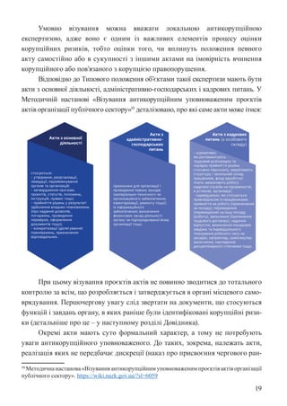 19
Умовно візування можна вважати локальною антикорупційною
експертизою, адже воно є одним із важливих елементів процесу оцінки
корупційних ризиків, тобто оцінки того, чи вплинуть положення певного
акту самостійно або в сукупності з іншими актами на імовірність вчинення
корупційного або пов’язаного з корупцією правопорушення.
Відповідно до Типового положення об’єктами такої експертизи мають бути
акти з основної діяльності, адміністративно-господарських і кадрових питань. У
Методичній настанові «Візування антикорупційним уповноваженим проєктів
актів організації публічного сектору»10
деталізовано, про які саме акти може ітися:
При цьому візування проєктів актів не повинно зводитися до тотального
контролю за всім, що розробляється і затверджується в органі місцевого само-
врядування. Першочергову увагу слід звертати на документи, що стосуються
функцій і завдань органу, в яких раніше були ідентифіковані корупційні ризи-
ки (детальніше про це – у наступному розділі Довідника).
Окремі акти мають суто формальний характер, а тому не потребують
уваги антикорупційного уповноваженого. До таких, зокрема, належать акти,
реалізація яких не передбачає дискреції (наказ про присвоєння чергового ран-
10 Методична настанова «Візування антикорупційним уповноваженим проєктів актів організації
публічного сектору». https://wiki.nazk.gov.ua/?sl=6059
 