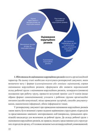 22
1.Підготовкадооцінюваннякорупційнихризиківноситьорганізаційний
характер. На цьому етапі необхідно підготувати розпорядчий документ, яким
визначити мету і формат (самооцінювання або зовнішнє оцінювання), строки
оцінювання корупційних ризиків; сформувати або оновити персональний
склад робочої групи з оцінювання корупційних ризиків, затвердити (оновити)
положення про робочу групу, провести вступний тренінг для її членів (якщо
обрано формат самооцінювання); узгодити з робочою групою організаційні
питання (засоби комунікації, місце проведення зустрічей, способи документу-
вання, накопичення інформації, обмін інформацією тощо).
У розпорядчому документі про проведення оцінювання корупційних ризиків
також мають бути визначені строки надання керівниками структурних підрозділів
та представниками зовнішніх заінтересованих осіб (наприклад, громадських орга-
нізацій) кандидатур для включення до робочої групи. До складу робочої групи з
оцінювання корупційних ризиків, як правило, входять представники усіх структур-
них підрозділів органу, а її головою визначається антикорупційний уповноважений.
 