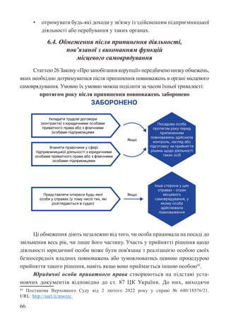 66
• отримувати будь-які доходи у зв’язку із здійсненням підприємницької
діяльності або перебування у таких органах.
6.4. Обмеження після припинення діяльності,
пов’язаної з виконанням функцій
місцевого самоврядування
Статтею26Закону«Прозапобіганнякорупції»передбаченонизкуобмежень,
яких необхідно дотримуватися після припинення повноважень в органі місцевого
самоврядування. Умовно їх умовно можна поділити за часом їхньої тривалості:
протягом року після припинення повноважень заборонено
Ці обмеження діють незалежно від того, чи особа працювала на посаді до
звільнення весь рік, чи лише його частину. Участь у прийнятті рішення щодо
діяльності юридичної особи може бути пов’язана з реалізацією особою своїх
безпосередніх владних повноважень або зумовлюватись певною процедурою
прийняття такого рішення, навіть якщо воно приймається іншою особою43
.
Юридичні особи приватного права створюються на підставі уста-
новчих документів відповідно до ст. 87 ЦК України. До них, виходячи
43 Постанова Верховного Суду від 2 лютого 2022 року у справі № 640/18576/21.
URL: http://surl.li/mwrzc
 
