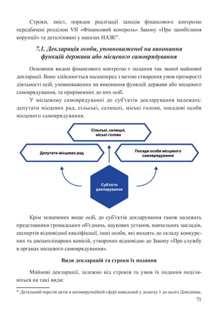 71
Строки, зміст, порядок реалізації заходів фінансового контролю
передбачені розділом VII «Фінансовий контроль» Закону «Про запобігання
корупції» та деталізовані у наказах НАЗК47
.
7.1. Декларація особи, уповноваженої на виконання
функцій держави або місцевого самоврядування
Основним видом фінансового контролю є подання так званої майнової
декларації. Воно здійснюється насамперед з метою створення умов прозорості
діяльності осіб, уповноважених на виконання функцій держави або місцевого
самоврядування, та прирівняних до них осіб.
У місцевому самоврядуванні до суб’єктів декларування належать:
депутати місцевих рад, сільські, селищні, міські голови, посадові особи
місцевого самоврядування.
Крім зазначених вище осіб, до суб’єктів декларування також належать
представники громадських об’єднань, наукових установ, навчальних закладів,
експертів відповідної кваліфікації, інші особи, які входять до складу конкурс-
них та дисциплінарних комісій, утворених відповідно до Закону «Про службу
в органах місцевого самоврядування».
Види декларацій та строки їх подання
Майнові декларації, залежно від строків та умов їх подання поділя-
ються на такі види:
47 Детальний перелік актів в антикорупційній сфері наведений у додатку 1 до цього Довідника.
 