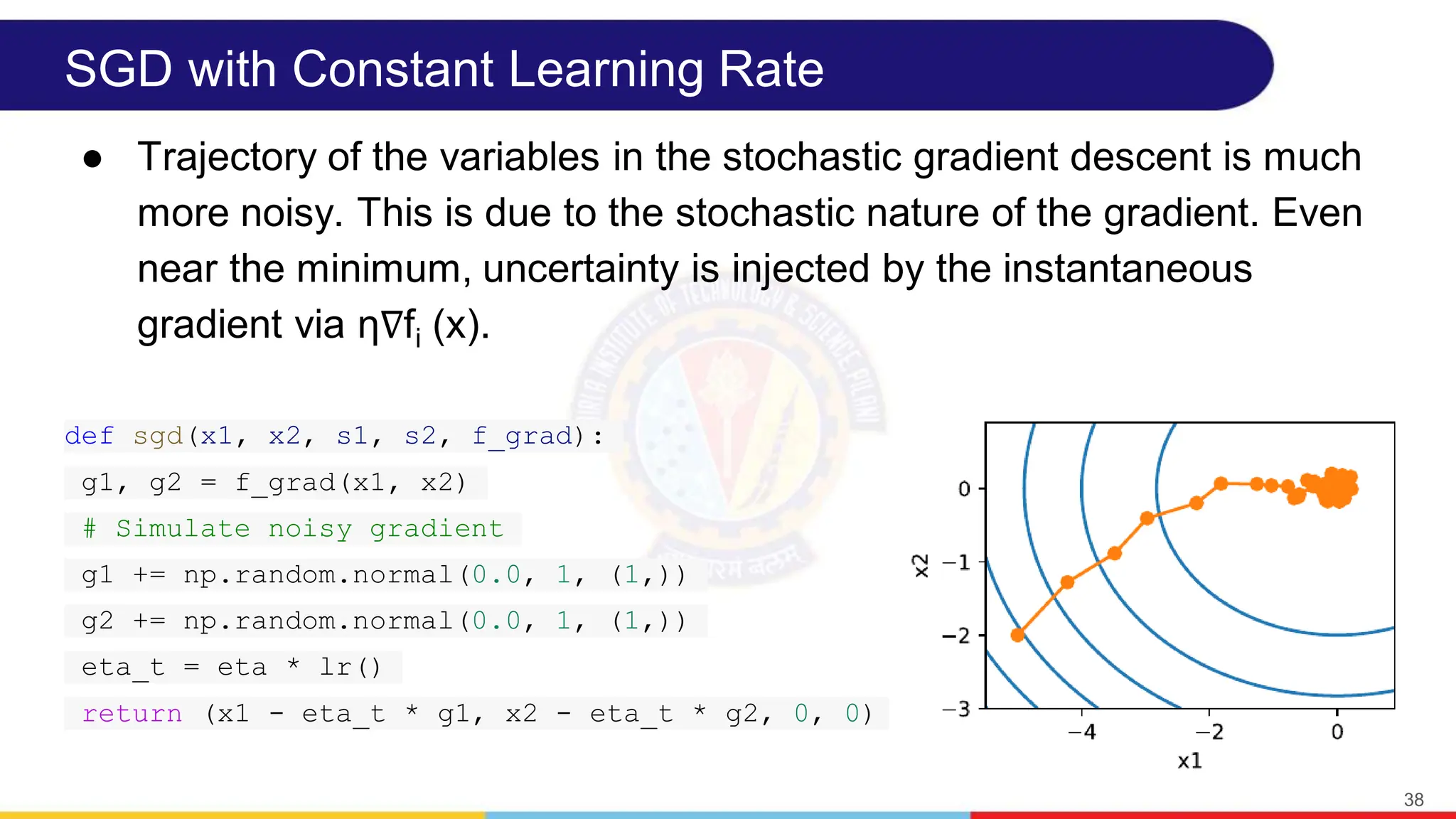 SGD with Constant Learning Rate
● Trajectory of the variables in the stochastic gradient descent is much
more noisy. This is due to the stochastic nature of the gradient. Even
near the minimum, uncertainty is injected by the instantaneous
gradient via η∇fi (x).
38
def sgd(x1, x2, s1, s2, f_grad):
g1, g2 = f_grad(x1, x2)
# Simulate noisy gradient
g1 += np.random.normal(0.0, 1, (1,))
g2 += np.random.normal(0.0, 1, (1,))
eta_t = eta * lr()
return (x1 - eta_t * g1, x2 - eta_t * g2, 0, 0)
 