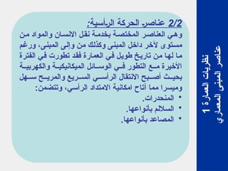 2/2
:‫الرأسية‬ ‫الحركة‬ ‫عناصر‬
‫ن‬‫م‬ ‫والمواد‬ ‫ان‬‫االنس‬ ‫ل‬‫نق‬ ‫ة‬‫بخدم‬ ‫ة‬‫المختص‬ ‫ر‬‫العناص‬ ‫ي‬‫وه‬
‫ورغم‬ ،‫المبنى‬ ‫وإلى‬ ‫من‬ ‫وكذلك‬ ‫المبنى‬ ‫داخل‬ ‫آلخر‬ ‫مستوى‬
‫الفترة‬ ‫في‬ ‫تطورت‬ ‫فقد‬ ‫العمارة‬ ‫في‬ ‫طويل‬ ‫تاريخ‬ ‫من‬ ‫لها‬ ‫ما‬
‫ة‬ ‫والكهربي‬ ‫ة‬ ‫الميكانيكي‬ ‫ائل‬ ‫الوس‬ ‫ي‬ ‫ف‬ ‫التطور‬ ‫ع‬ ‫م‬ ‫األخيرة‬
‫هل‬ ‫س‬ ‫ح‬ ‫والمري‬ ‫ريع‬ ‫الس‬ ‫ي‬ ‫الرأس‬ ‫االنتقال‬ ‫بح‬ ‫أص‬ ‫ث‬ ‫بحي‬
‫مما‬ ‫وميسرا‬
‫أ‬
:‫وتتضمن‬ ،‫الرأسي‬ ‫االمتداد‬ ‫امكانية‬ ‫تاح‬
•
.‫المنحدرات‬
•
.‫بأنواعها‬ ‫الساللم‬
•
.‫بأنواعها‬ ‫المصاعد‬
‫العمارة‬
‫نظريات‬
1
‫المعماري‬
‫المبنى‬
‫عناصر‬
 