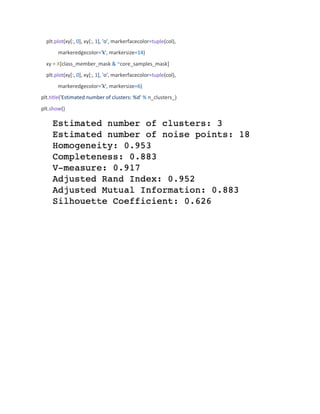 plt.plot(xy[:, 0], xy[:, 1], 'o', markerfacecolor=tuple(col),
markeredgecolor='k', markersize=14)
xy = X[class_member_mask & ~core_samples_mask]
plt.plot(xy[:, 0], xy[:, 1], 'o', markerfacecolor=tuple(col),
markeredgecolor='k', markersize=6)
plt.title('Estimated number of clusters: %d' % n_clusters_)
plt.show()
 