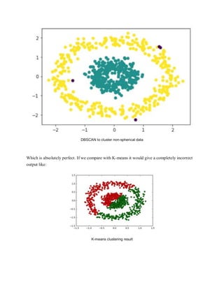 DBSCAN to cluster non-spherical data
Which is absolutely perfect. If we compare with K-means it would give a completely incorrect
output like:
K-means clustering result
 