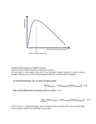 Graphical Representation of Hughes Principle
Effect of Curse of Dimensionality on Distance Functions:
For any point A, lets assume distₘᵢₙ(A) is the minimum distance between A and its nearest
neighbor and distₘₐₓ(A) is the maximum distance between A and the farthest neighbor.
That is, for a d — dimensional space, given n-random points, the distₘᵢₙ(A) ≈ distₘₐₓ(A) meaning,
any given pair of points are equidistant to each other.
 