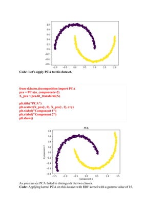 Code: Let’s apply PCA to this dataset.
from sklearn.decomposition import PCA
pca = PCA(n_components=2)
X_pca = pca.fit_transform(X)
plt.title("PCA")
plt.scatter(X_pca[:, 0], X_pca[:, 1], c=y)
plt.xlabel("Component 1")
plt.ylabel("Component 2")
plt.show()
As you can see PCA failed to distinguish the two classes.
Code: Applying kernel PCA on this dataset with RBF kernel with a gamma value of 15.
 