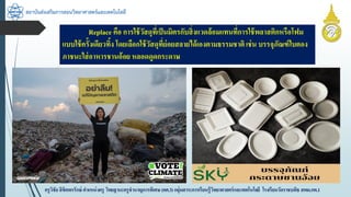 สถาบันส่งเสริมการสอนวิทยาศาสตร์และเทคโนโลยี
ครูวิชัยลิขิตพรรักษ์ ตำแหน่งครู วิทยฐำนะครูชำนำญกำรพิเศษ(คศ.3)กลุ่มสำระกำรเรียนรู้วิทยำศำสตร์และเทคโนโลยี โรงเรียนวัดรำชบพิธ สพม.กท.1
Replace คือ กำรใช้วัสดุที่เป็นมิตรกับสิ่งแวดล้อมแทนที่กำรใช้พลำสติกหรือโฟม
แบบใช้ครั้งเดียวทิ้ง โดยเลือกใช้วัสดุที่ย่อยสลำยได้เองตำมธรรมชำติ เช่น บรรจุภัณฑ์ใบตอง
ภำชนะใส่อำหำรชำนอ้อย หลอดดูดกระดำษ
 