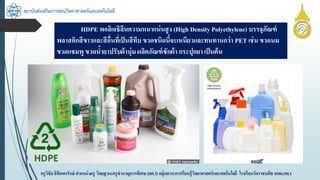 สถาบันส่งเสริมการสอนวิทยาศาสตร์และเทคโนโลยี
ครูวิชัยลิขิตพรรักษ์ ตำแหน่งครู วิทยฐำนะครูชำนำญกำรพิเศษ(คศ.3)กลุ่มสำระกำรเรียนรู้วิทยำศำสตร์และเทคโนโลยี โรงเรียนวัดรำชบพิธ สพม.กท.1
HDPE พอลิเอธิลีนควำมหนำแน่นสูง (High Density Polyethylene) บรรจุภัณฑ์
พลำสติกสีขำวและสีอื่นที่เป็นสีทึบ ขวดชนิดนี้จะเหนียวและทนทำนกว่ำ PET เช่น ขวดนม
ขวดแชมพู ขวดน้ำยำปรับผ้ำนุ่ม ผลิตภัณฑ์ซักผ้ำ กระปุกยำ เป็นต้น
 