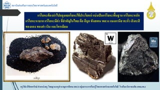 สถาบันส่งเสริมการสอนวิทยาศาสตร์และเทคโนโลยี
ครูวิชัยลิขิตพรรักษ์ ตำแหน่งครู วิทยฐำนะครูชำนำญกำรพิเศษ(คศ.3)กลุ่มสำระกำรเรียนรู้วิทยำศำสตร์และเทคโนโลยี โรงเรียนวัดรำชบพิธ สพม.กท.1
แร่โลหะต้องนำไปถลุงแยกโลหะใช้ประโยชน์ แบ่งเป็นแร่โลหะพื้นฐำน แร่โลหะหนัก
แร่โลหะหำยำก แร่โลหะมีค่ำ ที่สำคัญในไทย คือ ดีบุก ทังสเตน พลวง แมงกำนีส ตะกั่ว สังกะสี
ทองแดง ทองคำ เงิน และโครเมียม
 