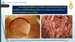 สถาบันส่งเสริมการสอนวิทยาศาสตร์และเทคโนโลยี
ครูวิชัยลิขิตพรรักษ์ ตำแหน่งครู วิทยฐำนะครูชำนำญกำรพิเศษ(คศ.3)กลุ่มสำระกำรเรียนรู้วิทยำศำสตร์และเทคโนโลยี โรงเรียนวัดรำชบพิธ สพม.กท.1
ทองแดงใช้ทำอุปกรณ์ไฟฟ้ำ เช่น สนำมไฟฟ้ำ หัวแร้งบัดกรี ท่อส่งน้ำยำทำควำมเย็น
งำนเชื่อมต่ำง ๆ และยังใช้ผสมเพิ่มคุณสมบัติเด่น เช่น ทองเหลืองมำจำกทองแดงกับสังกะสี
บรอนซ์หรือสัมฤทธิ์มำจำกทองแดงกับดีบุก
 