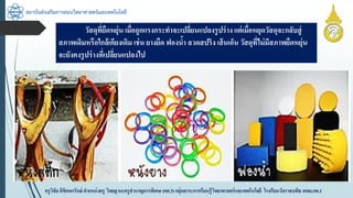 สถาบันส่งเสริมการสอนวิทยาศาสตร์และเทคโนโลยี
ครูวิชัยลิขิตพรรักษ์ ตำแหน่งครู วิทยฐำนะครูชำนำญกำรพิเศษ(คศ.3)กลุ่มสำระกำรเรียนรู้วิทยำศำสตร์และเทคโนโลยี โรงเรียนวัดรำชบพิธ สพม.กท.1
วัสดุที่ยืดหยุ่น เมื่อถูกแรงกระทำจะเปลี่ยนแปลงรูปร่ำงแต่เมื่อหยุดวัสดุจะกลับสู่
สภำพเดิมหรือใกล้เคียงเดิม เช่น ยำงยืด ฟองน้ำ ลวดสปริง เส้นเอ็น วัสดุที่ไม่มีสภำพยืดหยุ่น
จะยังคงรูปร่ำงที่เปลี่ยนแปลงไป
 