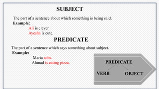 The part of a sentence about which something is being said.
Example:
Ali is clever
Ayesha is cute.
SUBJECT
PREDICATE
The part of a sentence which says something about subject.
Example:
Maria sobs.
Ahmad is eating pizza. PREDICATE
VERB OBJECT
 