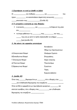 1.Συμπλήρωσε τα κενά με βοηθό το βιβλίο
Οι και σταθερές και που
έχουν να ικανοποιήσουν σημαντικές κοινωνικές
αποτελούν τους .(Σελίδα 31)
2.Τι πετυχαίνει η κοινωνία με τους θεσμούς;
 η κοινωνία και τη διάρκειά της μέσα
στο
 τα άτομα μαθαίνουν τις , τους και τους
τους και με αυτό το τρόπο εξακολουθεί να υπάρχει
ζωή (σελίδα 32)
3. Να κάνετε την παρακάτω αντιστοίχιση
Κοινοβούλιο
Έθιμα των Χριστουγέννων
Α.Οικογενειακοί θεσμοί Ολοήμερο Σχολείο
Β.Εκπαιδευτικοί θεσμοί Επιχειρήσεις
Γ.Οικονομικοί θεσμοί Χώροι λατρείας
Δ.Πολιτικοί θεσμοί Πανεπιστήμιο
Ε.Θρησκευτικοί θεσμοί Συγγένεια
Γάμος
Ευρωκοινοβούλιο
3. (σελίδα 32)
Όταν ένας δημιουργείται με , τότε ο θεσμός είναι
και η διαδικασία δημιουργίας του ονομάζεται .
Όταν αντίθετα εφαρμόζεται με πρωτοβουλία ορισμένων και
αποτελεί συνήθεια, τότε ο θεσμός είναι και η διαδικασία
δημιουργίας του ονομάζεται
Υπεύθυνη καθηγήτρια: Μιχαλοπούλου Κερκύρα, ΠΕ80
 
