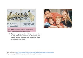 3. Παρατηρώντας τις παραπάνω εικόνες των οικογενειών
και από αυτά που γνωρίζετε να σημειώσετε δυο
διαφορές και δυο ομοιότητες μιας οικογένειας παλιά
και μιας οικογένειας σήμερα
Πηγή Γραφημάτων: https://www.statistics.gr/documents/20181/284f73f5-9d00-0964-e4ac-94bafe0d47f7
Πηγή εικόνων σχολικό βιβλίο Κοινωνικής και Πολιτικής Αγωγής Γ’ Γυμνασίου
 