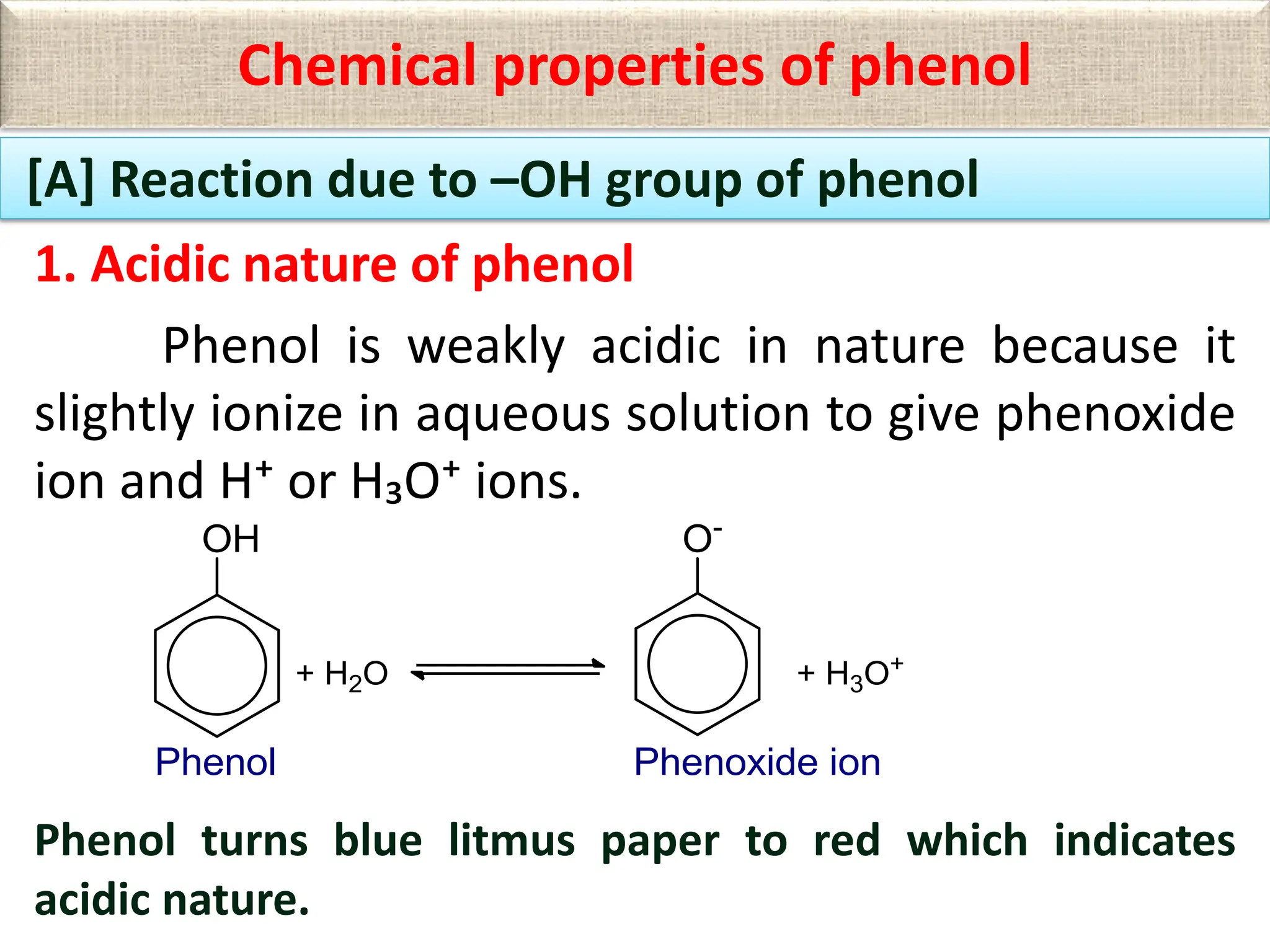 Chemical properties of phenol
1. Acidic nature of phenol
Phenol is weakly acidic in nature because it
slightly ionize in aqueous solution to give phenoxide
ion and H⁺ or H₃O⁺ ions.
Phenol turns blue litmus paper to red which indicates
acidic nature.
[A] Reaction due to –OH group of phenol
 