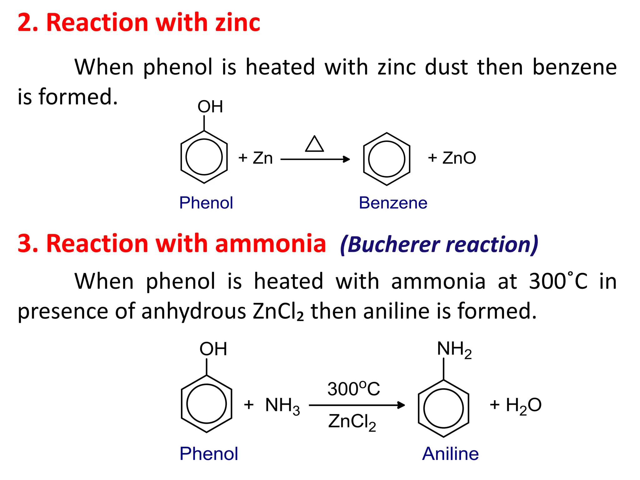 2. Reaction with zinc
When phenol is heated with zinc dust then benzene
is formed.
3. Reaction with ammonia (Bucherer reaction)
When phenol is heated with ammonia at 300˚C in
presence of anhydrous ZnCl₂ then aniline is formed.
 