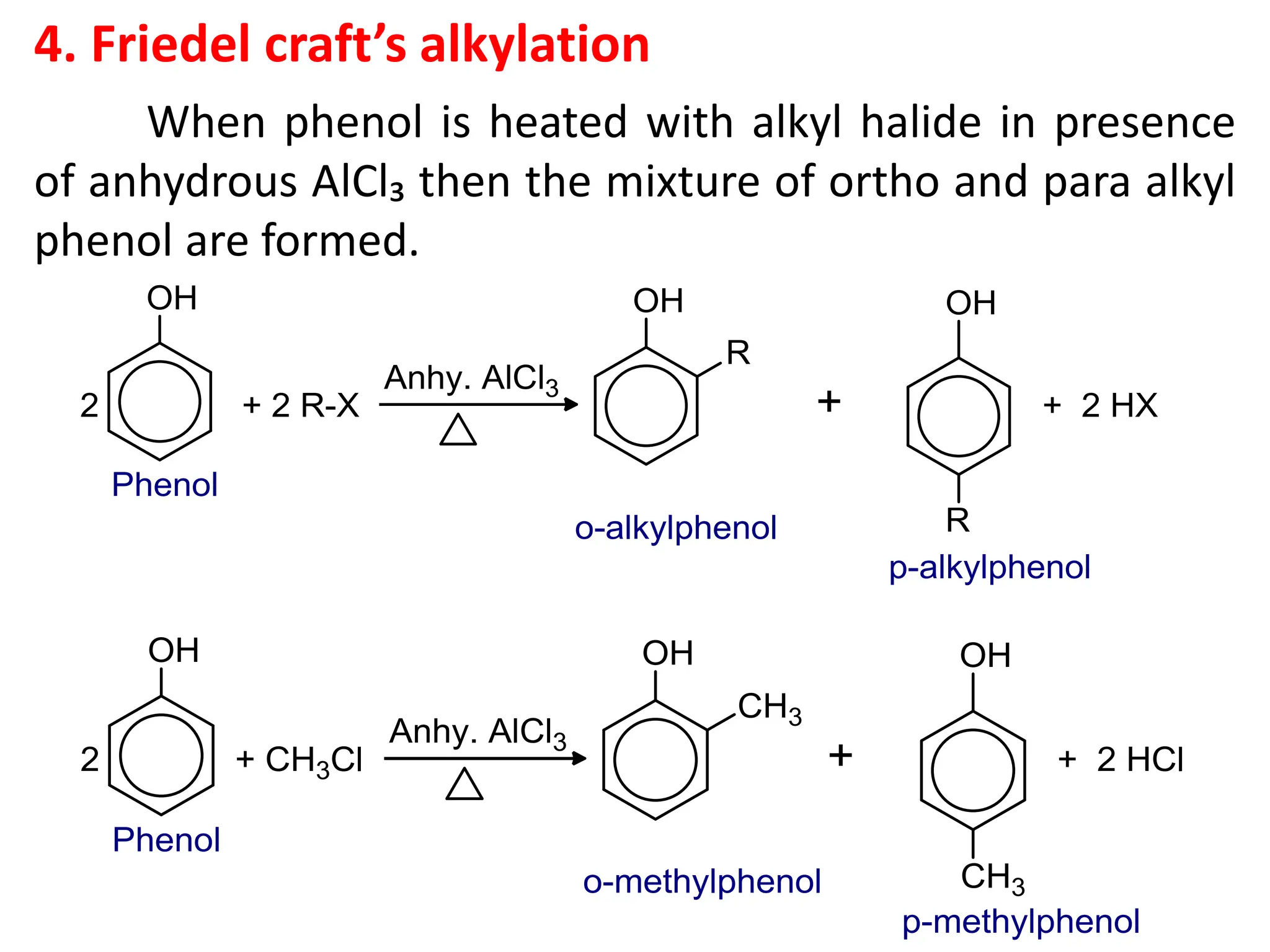 4. Friedel craft’s alkylation
When phenol is heated with alkyl halide in presence
of anhydrous AlCl₃ then the mixture of ortho and para alkyl
phenol are formed.
 