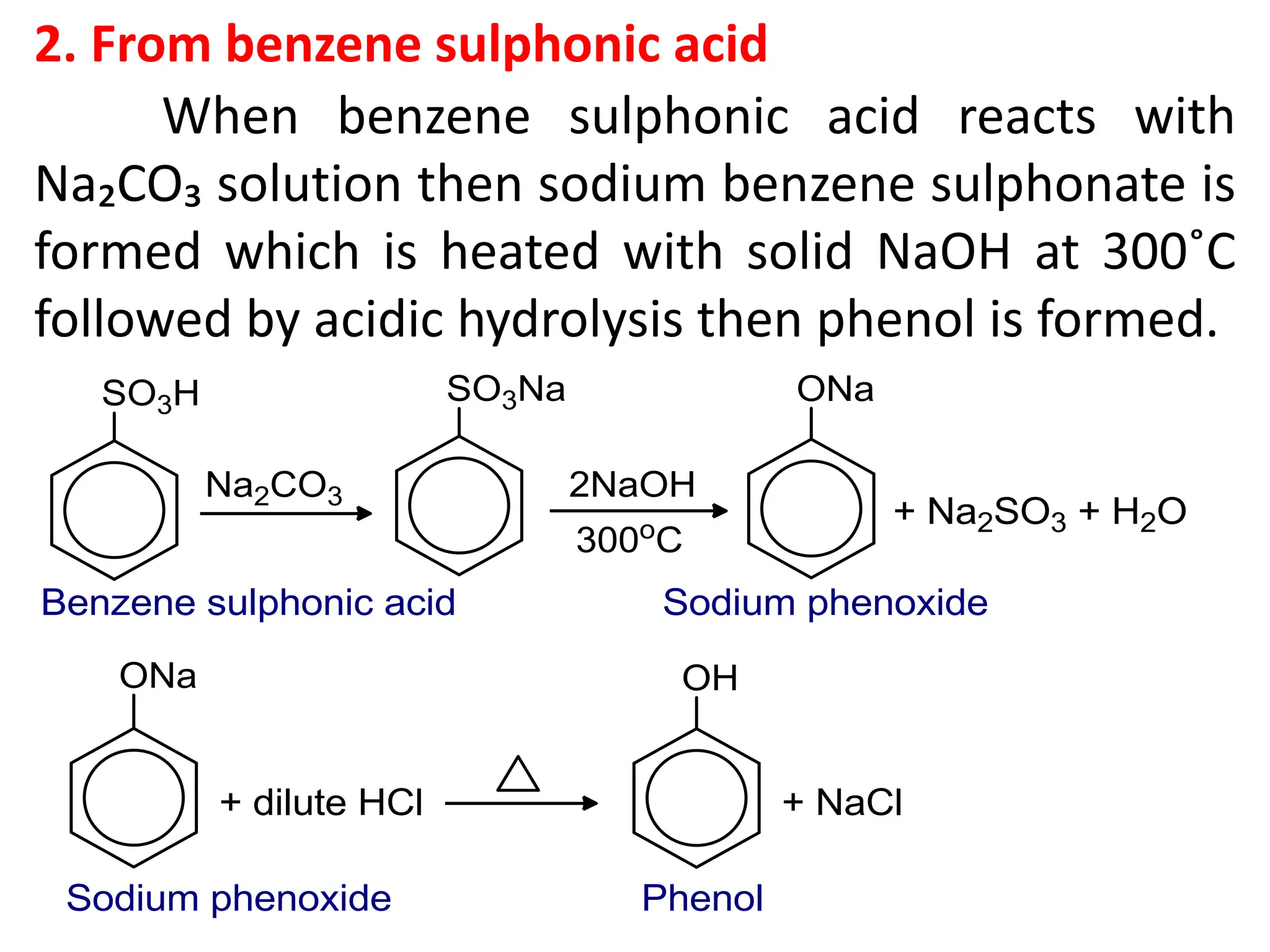 2. From benzene sulphonic acid
When benzene sulphonic acid reacts with
Na₂CO₃ solution then sodium benzene sulphonate is
formed which is heated with solid NaOH at 300˚C
followed by acidic hydrolysis then phenol is formed.
 