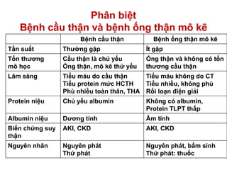 Phân biệt
Bệnh cầu thận và bệnh ống thận mô kẽ
Bệnh cầu thận Bệnh ống thận mô kẽ
Tần suất Thường gặp Ít gặp
Tổn thương
mô học
Cầu thận là chủ yếu
Ống thận, mô kẽ thứ yếu
Ống thận và không có tổn
thương cầu thận
Lâm sàng Tiểu máu do cầu thận
Tiểu protein mức HCTH
Phù nhiều toàn thân, THA
Tiểu máu không do CT
Tiểu nhiều, không phù
Rối loạn điện giải
Protein niệu Chủ yếu albumin Không có albumin,
Protein TLPT thấp
Albumin niệu Dương tính Âm tính
Biến chứng suy
thận
AKI, CKD AKI, CKD
Nguyên nhân Nguyên phát
Thứ phát
Nguyên phát, bẩm sinh
Thứ phát: thuốc
 