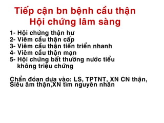 Tieáp caän bn beänh caàu thaän
Hoäi chöùng laâm saøng
1- Hoäi chöùng thaän hö
2- Vieâm caàu thaän caáp
3- Vieâm caàu thaän tieán trieån nhanh
4- Vieâm caàu thaän maïn
5- Hoäi chöùng baát thöôøng nöôùc tieåu
khoâng trieäu chöùng
Chaån ñoùan döïa vaøo: LS, TPTNT, XN CN thaän,
Sieâu aâm thaän,XN tìm nguyeân nhaân
 