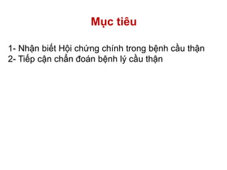 Mục tiêu
1- Nhận biết Hội chứng chính trong bệnh cầu thận
2- Tiếp cận chẩn đoán bệnh lý cầu thận
 