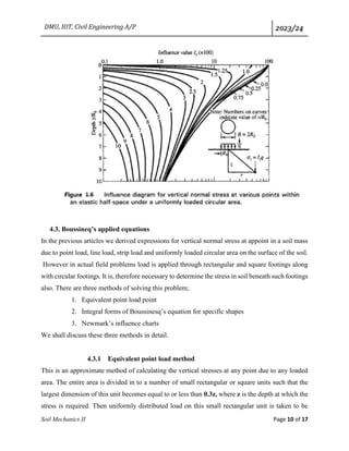 DMU, IOT, Civil Engineering A/P 2023/24
Soil Mechanics II Page 10 of 17
4.3. Boussineq’s applied equations
In the previous articles we derived expressions for vertical normal stress at appoint in a soil mass
due to point load, line load, strip load and uniformly loaded circular area on the surface of the soil.
However in actual field problems load is applied through rectangular and square footings along
with circular footings. It is, therefore necessary to determine the stress in soil beneath such footings
also. There are three methods of solving this problem;
1. Equivalent point load point
2. Integral forms of Boussinesq’s equation for specific shapes
3. Newmark’s influence charts
We shall discuss these three methods in detail.
4.3.1 Equivalent point load method
This is an approximate method of calculating the vertical stresses at any point due to any loaded
area. The entire area is divided in to a number of small rectangular or square units such that the
largest dimension of this unit becomes equal to or less than 0.3z, where z is the depth at which the
stress is required. Then uniformly distributed load on this small rectangular unit is taken to be
 