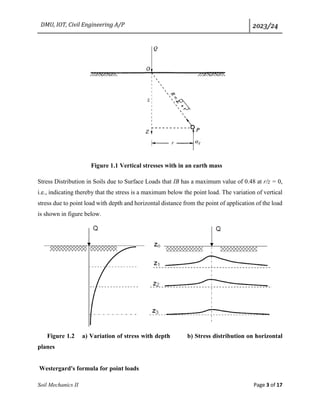 DMU, IOT, Civil Engineering A/P 2023/24
Soil Mechanics II Page 3 of 17
Figure 1.1 Vertical stresses with in an earth mass
Stress Distribution in Soils due to Surface Loads that IB has a maximum value of 0.48 at r/z = 0,
i.e., indicating thereby that the stress is a maximum below the point load. The variation of vertical
stress due to point load with depth and horizontal distance from the point of application of the load
is shown in figure below.
Figure 1.2 a) Variation of stress with depth b) Stress distribution on horizontal
planes
Westergard's formula for point loads
 