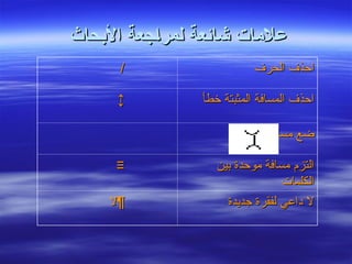‫األبحاث‬ ‫لمراجعة‬ ‫شائعة‬ ‫عالمات‬
‫األبحاث‬ ‫لمراجعة‬ ‫شائعة‬ ‫عالمات‬
‫الحرف‬ ‫احذف‬
‫الحرف‬ ‫احذف‬
/
/
‫خطأ‬ ‫المثبتة‬ ‫المسافة‬ ‫احذف‬
‫خطأ‬ ‫المثبتة‬ ‫المسافة‬ ‫احذف‬
↕
↕
‫مسافة‬ ‫ضع‬
‫مسافة‬ ‫ضع‬
‫بين‬ ‫موحدة‬ ‫مسافة‬ ‫التزم‬
‫بين‬ ‫موحدة‬ ‫مسافة‬ ‫التزم‬
‫الكلمات‬
‫الكلمات‬
≡
≡
‫جديدة‬ ‫لفقرة‬ ‫داعي‬ ‫ال‬
‫جديدة‬ ‫لفقرة‬ ‫داعي‬ ‫ال‬
‫¶ﻻ‬
‫¶ﻻ‬
 