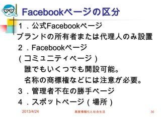 Facebookページの区分
１．公式Facebookページ
ブランドの所有者または代理人のみ設置
２．Facebookページ
（コミュニティページ）
 誰でもいくつでも開設可能。
 名称の商標権などには注意が必要。
３．管理者不在の勝手ページ
４．スポットページ（場所）
2013/4/24   高度情報化と社会生活   30
 