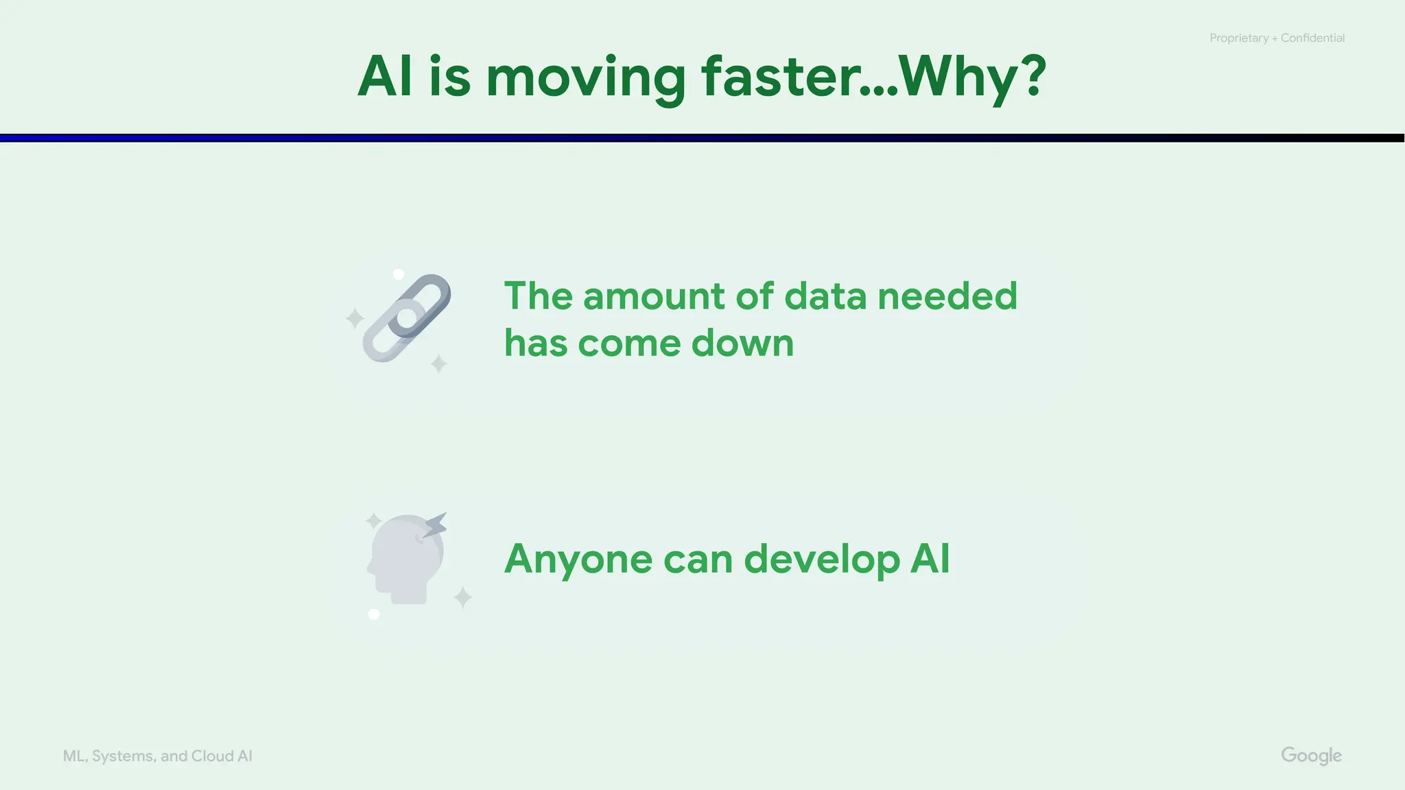 Proprietary + Confidential
ML, Systems, and Cloud AI
The amount of data needed
has come down
AI is moving faster…Why?
Anyone can develop AI
 