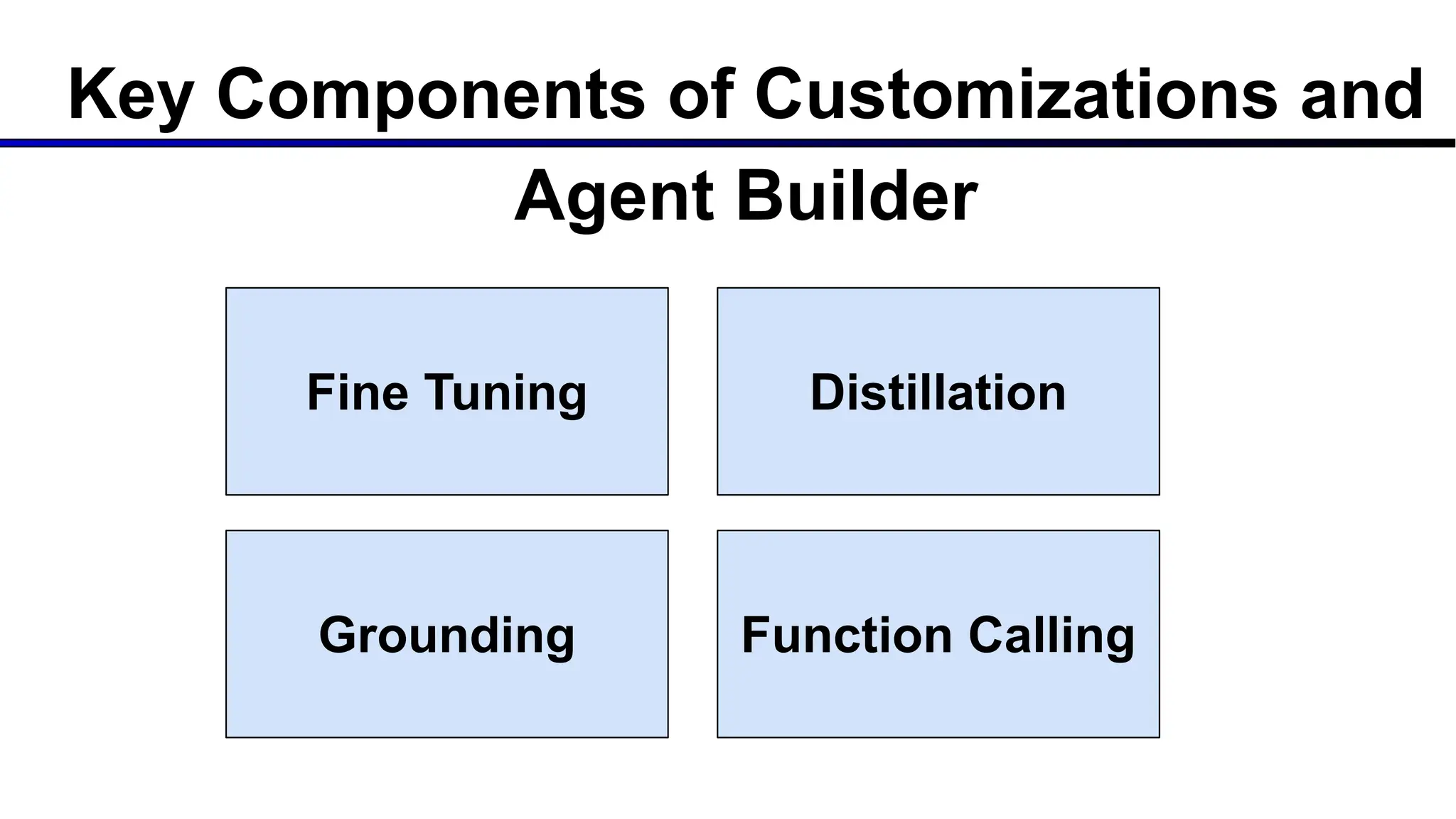 Key Components of Customizations and
Agent Builder
Fine Tuning Distillation
Grounding Function Calling
 