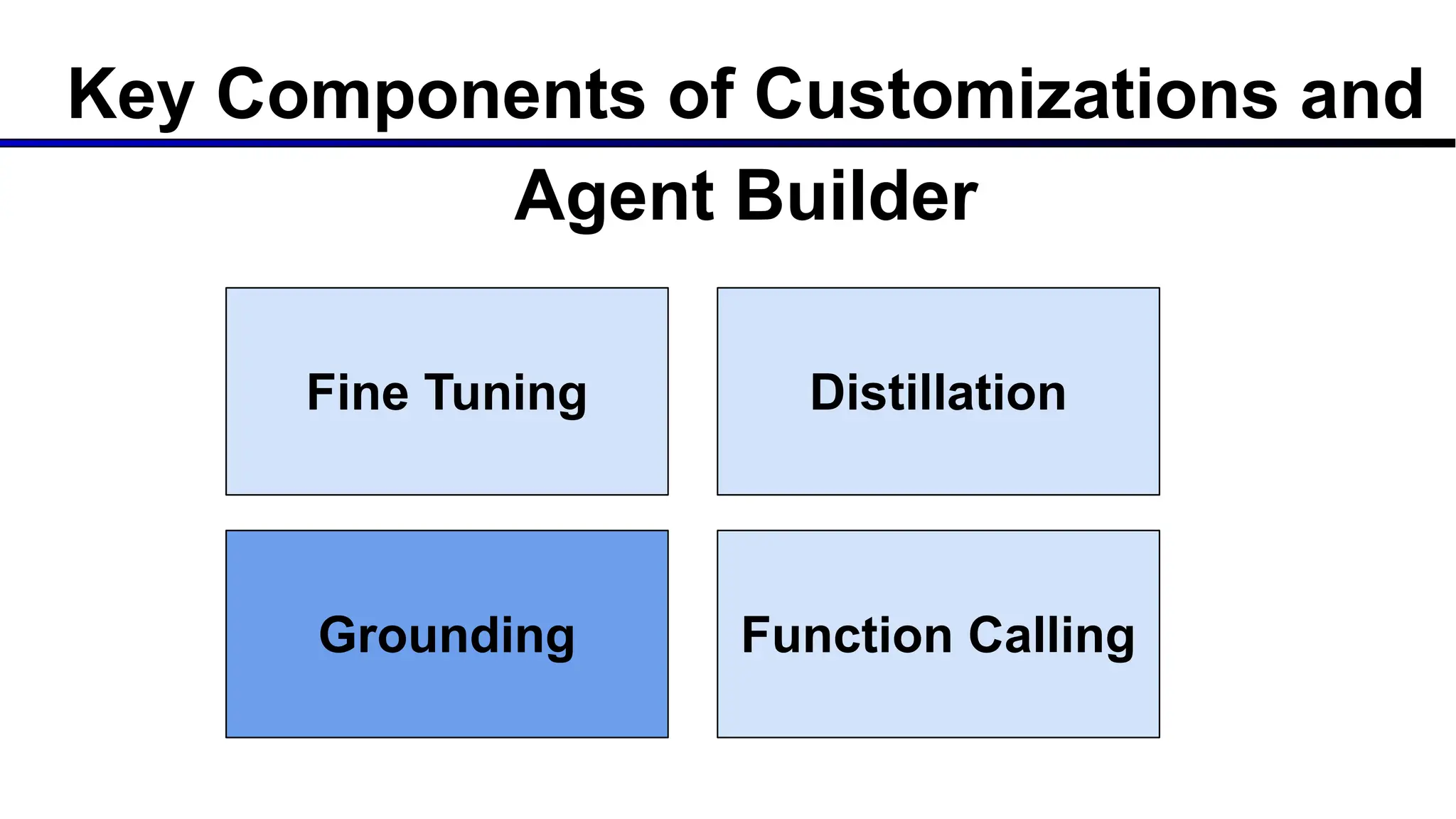 Key Components of Customizations and
Agent Builder
Fine Tuning Distillation
Grounding Function Calling
 