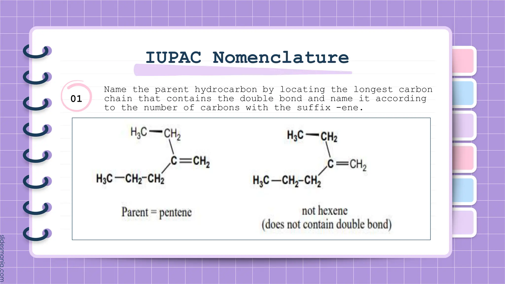 IUPAC Nomenclature
Name the parent hydrocarbon by locating the longest carbon
chain that contains the double bond and name it according
to the number of carbons with the suffix -ene.
01
 