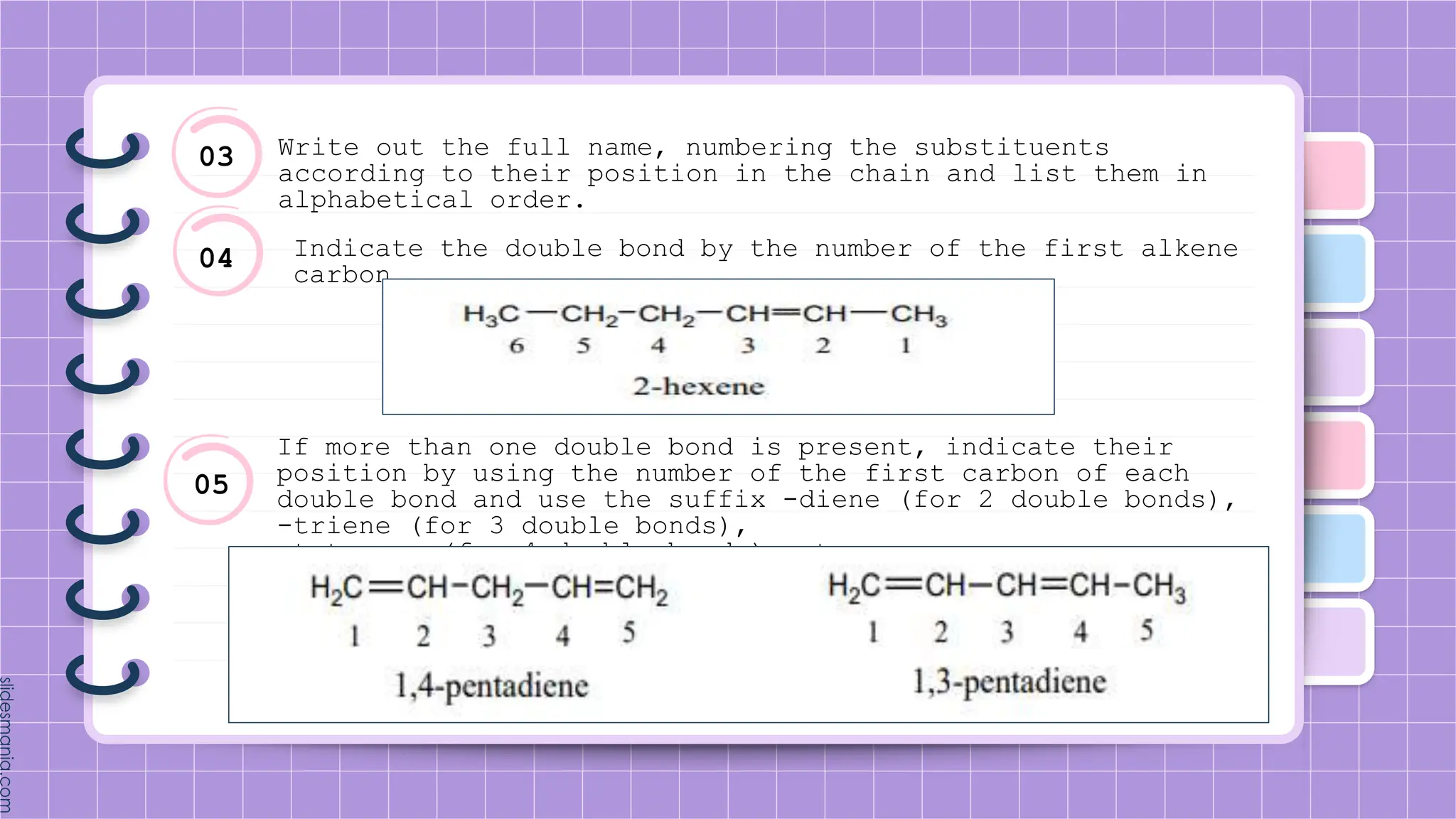 03
04
Write out the full name, numbering the substituents
according to their position in the chain and list them in
alphabetical order.
Indicate the double bond by the number of the first alkene
carbon.
05
If more than one double bond is present, indicate their
position by using the number of the first carbon of each
double bond and use the suffix -diene (for 2 double bonds),
-triene (for 3 double bonds),
-tetraene (for 4 double bonds), etc.
 