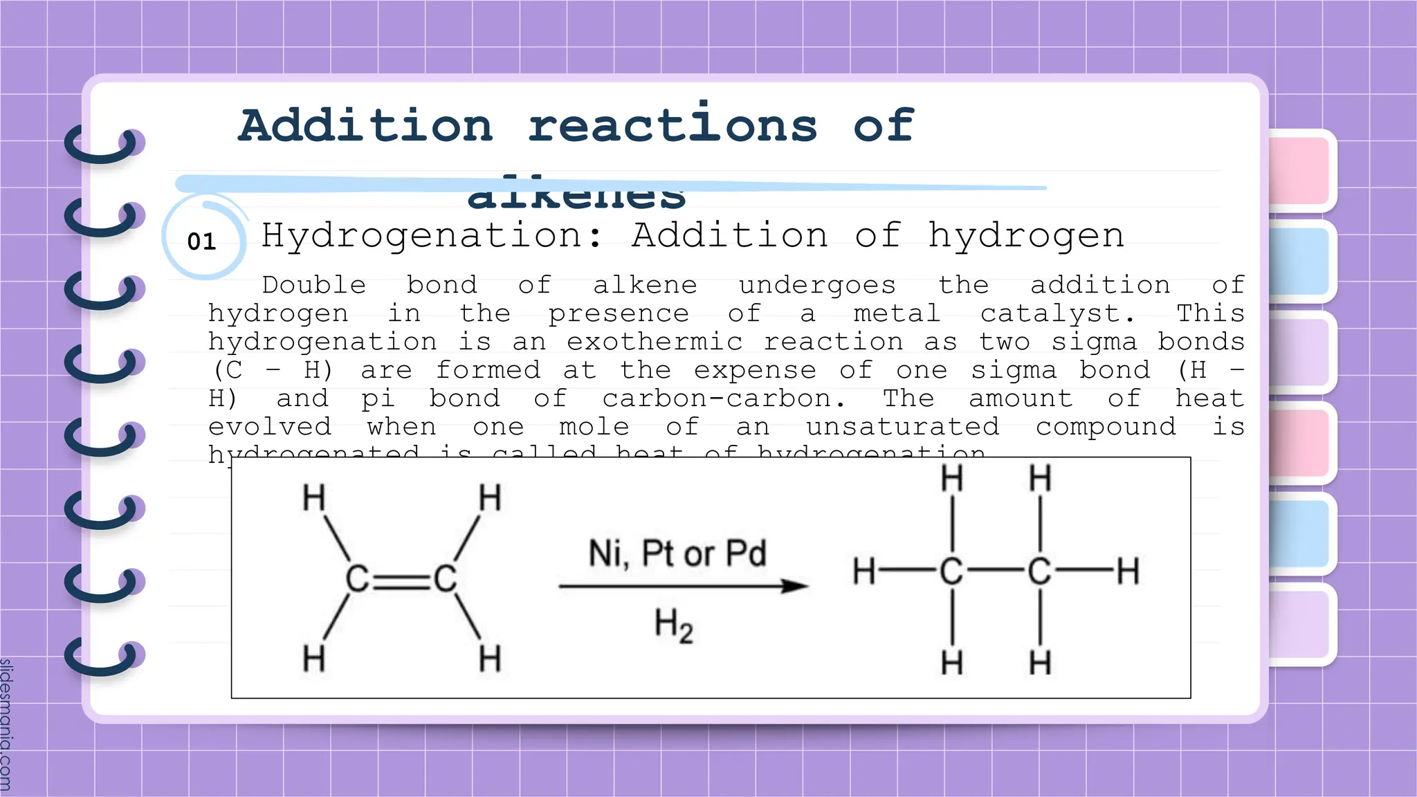 01
Addition reactions of
alkenes
Hydrogenation: Addition of hydrogen
Double bond of alkene undergoes the addition of
hydrogen in the presence of a metal catalyst. This
hydrogenation is an exothermic reaction as two sigma bonds
(C – H) are formed at the expense of one sigma bond (H –
H) and pi bond of carbon-carbon. The amount of heat
evolved when one mole of an unsaturated compound is
hydrogenated is called heat of hydrogenation.
 