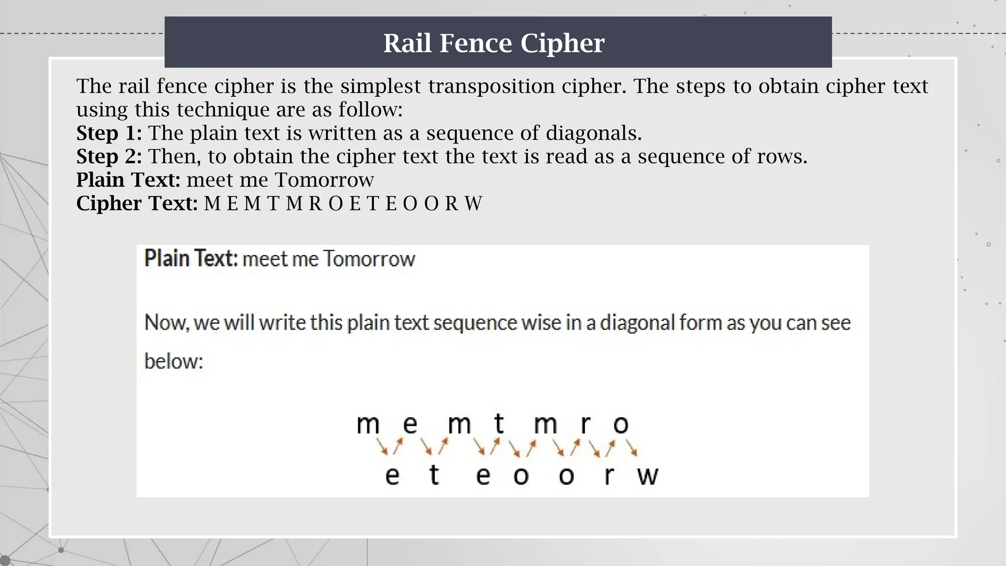 Rail Fence Cipher
The rail fence cipher is the simplest transposition cipher. The steps to obtain cipher text
using this technique are as follow:
Step 1: The plain text is written as a sequence of diagonals.
Step 2: Then, to obtain the cipher text the text is read as a sequence of rows.
Plain Text: meet me Tomorrow
Cipher Text: M E M T M R O E T E O O R W
 