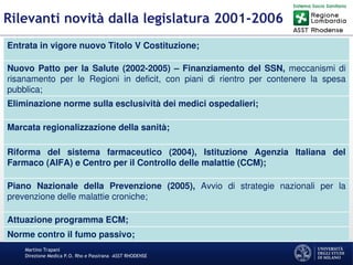 Martino Trapani
Direzione Medica P.O. Rho e Passirana –ASST RHODENSE
Rilevanti novità dalla legislatura 2001-2006
Entrata in vigore nuovo Titolo V Costituzione;
Nuovo Patto per la Salute (2002-2005) – Finanziamento del SSN, meccanismi di
risanamento per le Regioni in deficit, con piani di rientro per contenere la spesa
pubblica;
Eliminazione norme sulla esclusività dei medici ospedalieri;
Marcata regionalizzazione della sanità;
Riforma del sistema farmaceutico (2004), Istituzione Agenzia Italiana del
Farmaco (AIFA) e Centro per il Controllo delle malattie (CCM);
Piano Nazionale della Prevenzione (2005), Avvio di strategie nazionali per la
prevenzione delle malattie croniche;
Attuazione programma ECM;
Norme contro il fumo passivo;
 