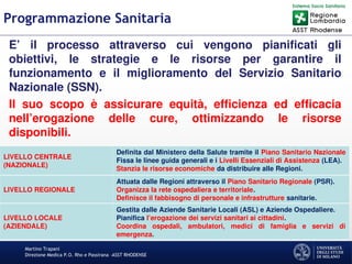 Martino Trapani
Direzione Medica P.O. Rho e Passirana –ASST RHODENSE
Programmazione Sanitaria
E’ il processo attraverso cui vengono pianificati gli
obiettivi, le strategie e le risorse per garantire il
funzionamento e il miglioramento del Servizio Sanitario
Nazionale (SSN).
Il suo scopo è assicurare equità, efficienza ed efficacia
nell’erogazione delle cure, ottimizzando le risorse
disponibili.
LIVELLO CENTRALE
(NAZIONALE)
Definita dal Ministero della Salute tramite il Piano Sanitario Nazionale
Fissa le linee guida generali e i Livelli Essenziali di Assistenza (LEA).
Stanzia le risorse economiche da distribuire alle Regioni.
LIVELLO REGIONALE
Attuata dalle Regioni attraverso il Piano Sanitario Regionale (PSR).
Organizza la rete ospedaliera e territoriale.
Definisce il fabbisogno di personale e infrastrutture sanitarie.
LIVELLO LOCALE
(AZIENDALE)
Gestita dalle Aziende Sanitarie Locali (ASL) e Aziende Ospedaliere.
Pianifica l’erogazione dei servizi sanitari ai cittadini.
Coordina ospedali, ambulatori, medici di famiglia e servizi di
emergenza.
 