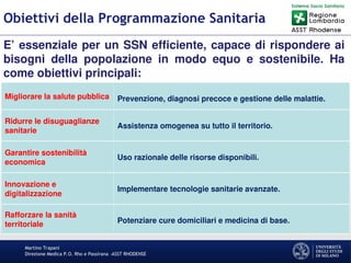 Martino Trapani
Direzione Medica P.O. Rho e Passirana –ASST RHODENSE
Obiettivi della Programmazione Sanitaria
Migliorare la salute pubblica Prevenzione, diagnosi precoce e gestione delle malattie.
Ridurre le disuguaglianze
sanitarie
Assistenza omogenea su tutto il territorio.
Garantire sostenibilità
economica
Uso razionale delle risorse disponibili.
Innovazione e
digitalizzazione
Implementare tecnologie sanitarie avanzate.
Rafforzare la sanità
territoriale Potenziare cure domiciliari e medicina di base.
E’ essenziale per un SSN efficiente, capace di rispondere ai
bisogni della popolazione in modo equo e sostenibile. Ha
come obiettivi principali:
 