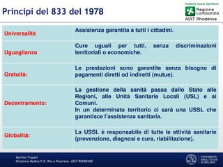 Martino Trapani
Direzione Medica P.O. Rho e Passirana –ASST RHODENSE
Principi del 833 del 1978
Universalità
Assistenza garantita a tutti i cittadini.
Uguaglianza
Cure uguali per tutti, senza discriminazioni
territoriali o economiche.
Gratuità:
Le prestazioni sono garantite senza bisogno di
pagamenti diretti od indiretti (mutue).
Decentramento:
La gestione della sanità passa dallo Stato alle
Regioni, alle Unità Sanitarie Locali (USL) e ai
Comuni.
In un determinato territorio ci sarà una USSL che
garantisce l’assistenza sanitaria.
Globalità:
La USSL è responsabile di tutte le attività sanitarie
(prevenzione, diagnosi e cura, riabilitazione).
 