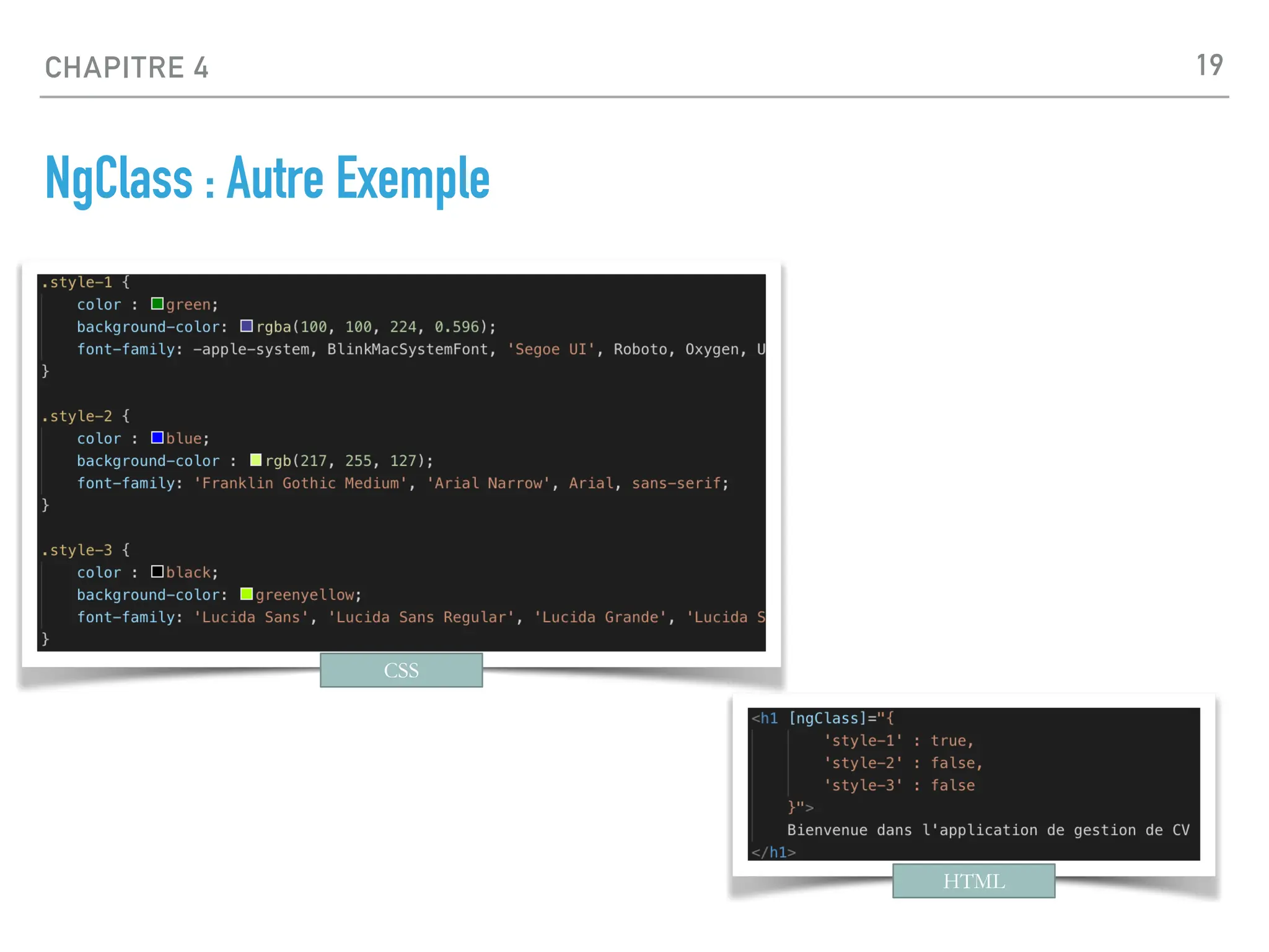CHAPITRE 4
NgClass : Autre Exemple
19
CSS
HTML
 