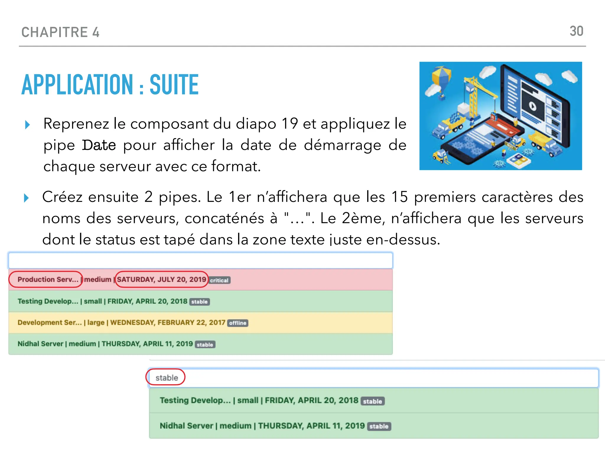 CHAPITRE 4
APPLICATION : SUITE
▸ Créez ensuite 2 pipes. Le 1er n’af
fi
chera que les 15 premiers caractères des
noms des serveurs, concaténés à "…". Le 2ème, n’af
fi
chera que les serveurs
dont le status est tapé dans la zone texte juste en-dessus.
30
▸ Reprenez le composant du diapo 19 et appliquez le
pipe Date pour af
fi
cher la date de démarrage de
chaque serveur avec ce format.
 