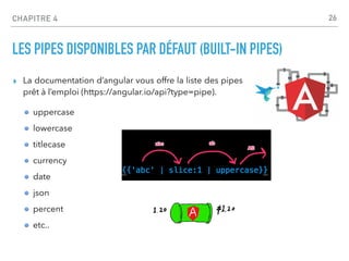 CHAPITRE 4
LES PIPES DISPONIBLES PAR DÉFAUT (BUILT-IN PIPES)
▸ La documentation d’angular vous offre la liste des pipes
prêt à l’emploi (https://angular.io/api?type=pipe).
uppercase
lowercase
titlecase
currency
date
json
percent
etc..
26
 