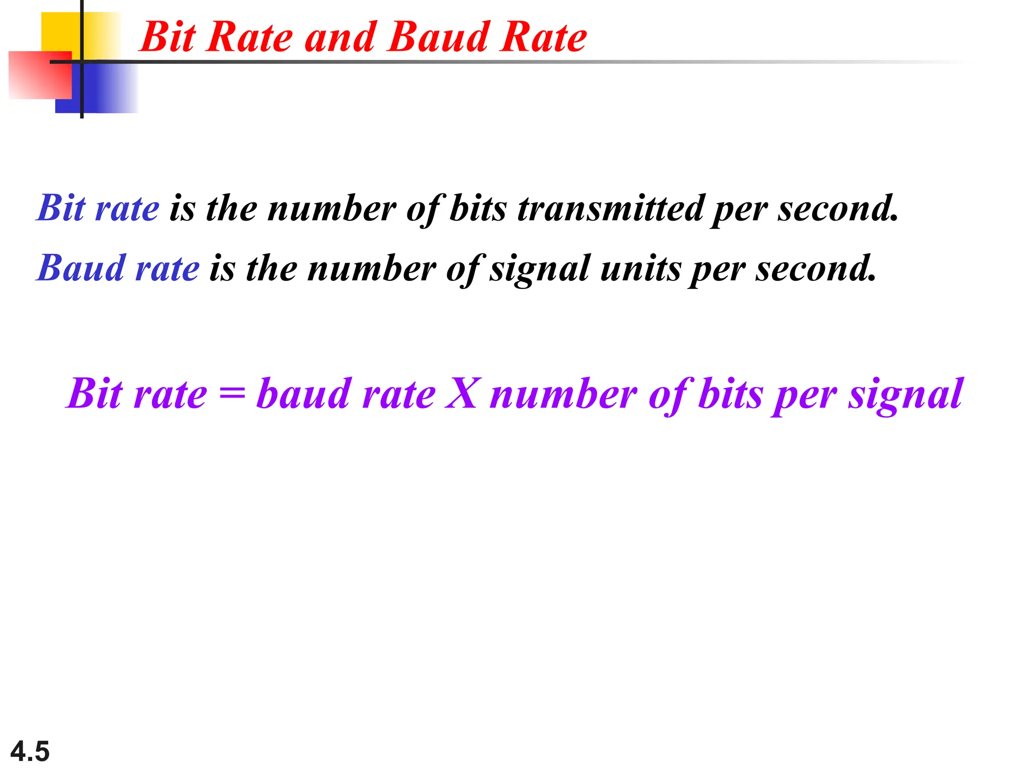 4.5
Bit rate is the number of bits transmitted per second.
Baud rate is the number of signal units per second.
Bit rate = baud rate X number of bits per signal
Bit Rate and Baud Rate
 