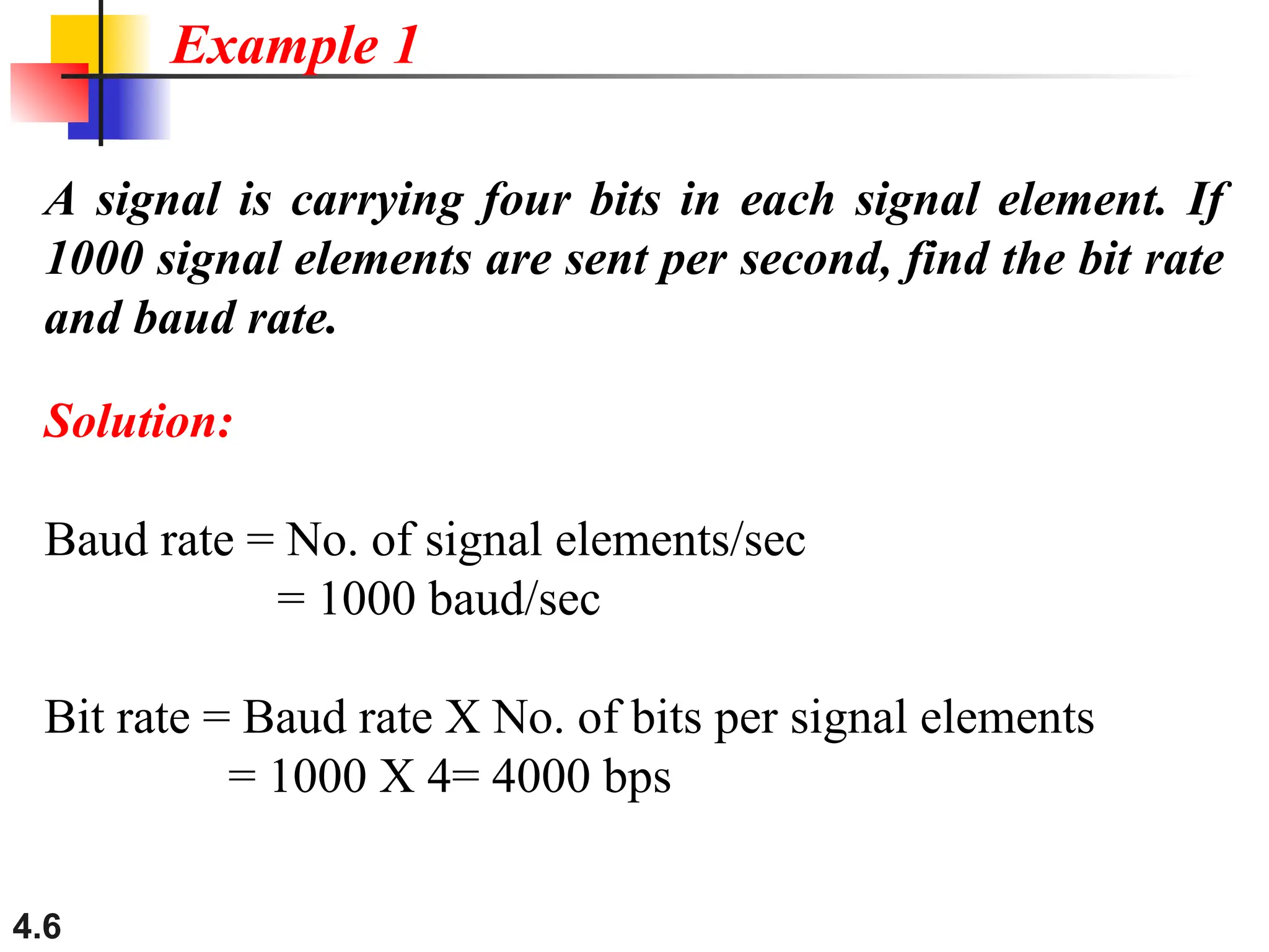 4.6
A signal is carrying four bits in each signal element. If
1000 signal elements are sent per second, find the bit rate
and baud rate.
Solution:
Baud rate = No. of signal elements/sec
= 1000 baud/sec
Bit rate = Baud rate X No. of bits per signal elements
= 1000 X 4= 4000 bps
Example 1
 