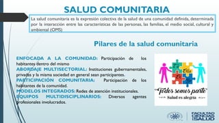 La salud comunitaria es la expresión colectiva de la salud de una comunidad definida, determinada
por la interacción entre las características de las personas, las familias, el medio social, cultural y
ambiental (OMS)
SALUD COMUNITARIA
Pilares de la salud comunitaria
ENFOCADA A LA COMUNIDAD: Participación de los
habitantes dentro del mismo
ABORDAJE MULTISECTORIAL: Instituciones gubernamentales,
privadas y la misma sociedad en general sean participantes.
PARTICIPACIÓN COMUNITARIA: Participación de los
habitantes de la comunidad.
MODELOS INTEGRADOS: Redes de atención institucionales.
EQUIPOS MULTIDISCIPLINARIOS: Diversos agentes
profesionales involucrados.
 